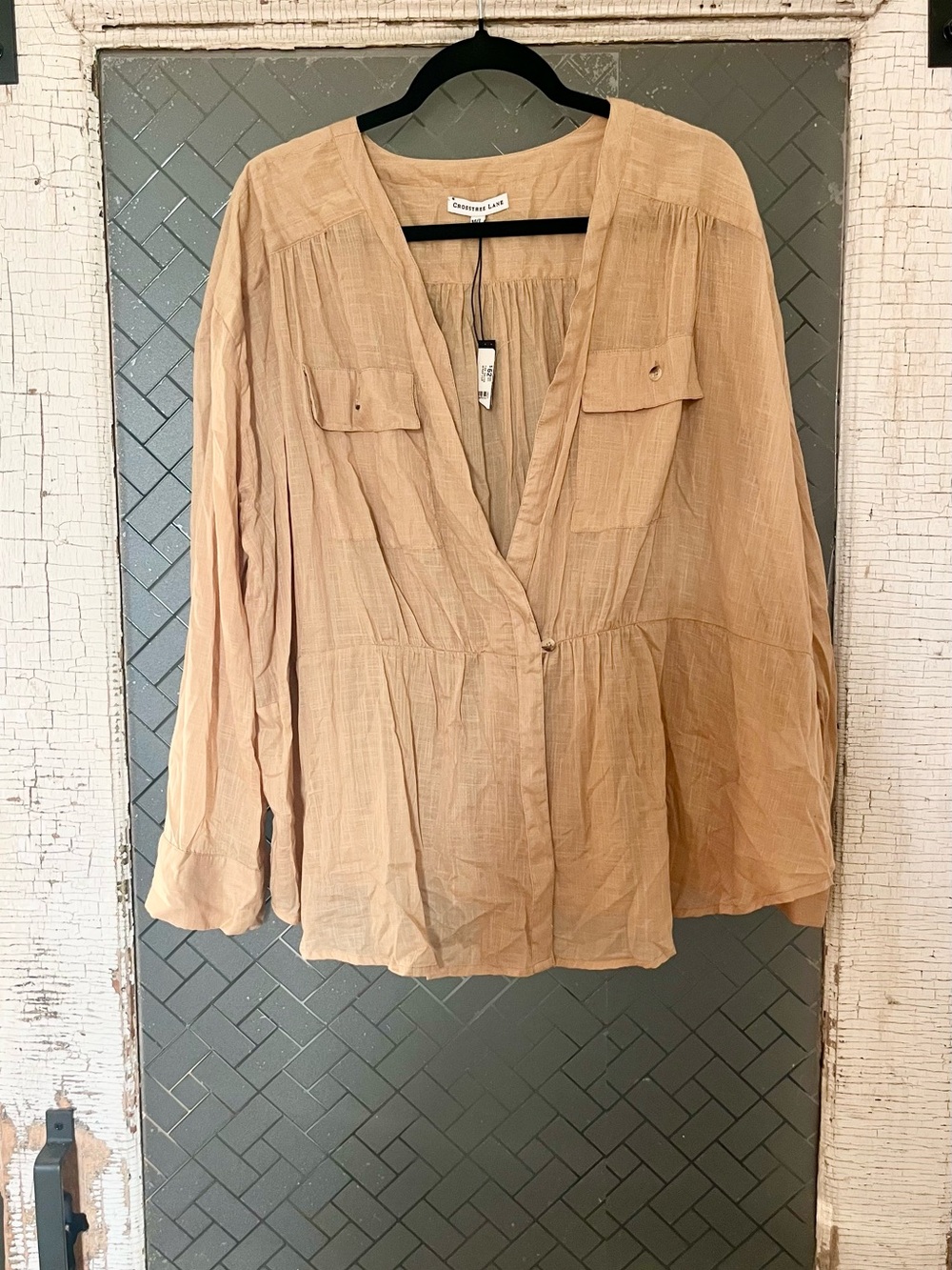 Loveappella Tan Peasant V-Neck Blouse with Chest Pockets